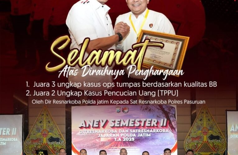 Satresnarkoba Polres Pasuruan Raih 2 Penghargaan dari Polda Jatim dalam Operasi Tumpas Semeru 2025