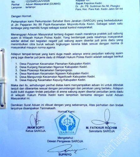 SUKARDI. SH : Surat Aduan Resmi LSM SAROJA Ditujukan Langsung Kapolres Kediri Patut Diapresasi Terkait Pekat Sabung Ayam Aduan