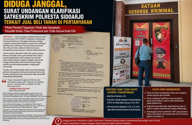 “Diduga Janggal” Surat Undangan Klarifikasi Satreskrim Ppolresta Sidoarjo Terkait Jual Beli Tanah Dipertanyakan