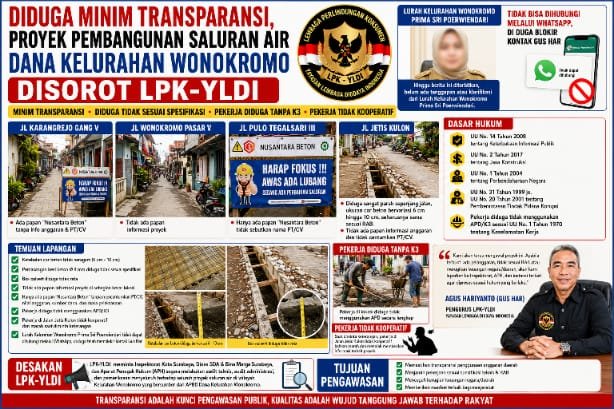 Diduga Minim Transparansi, Proyek Pembangunan Saluran Air Dana Kelurahan Wonokromo Disorot LPK-YLDI